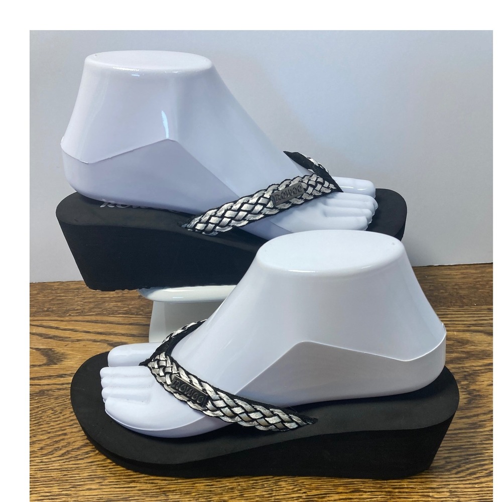 Rowoo Womens Black Silver Braided Platform Wedge Flip Flops Sandals Size 7 38
